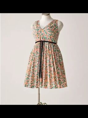 Sleeveless Peach Floral Midi Dress with Black Waist Tie